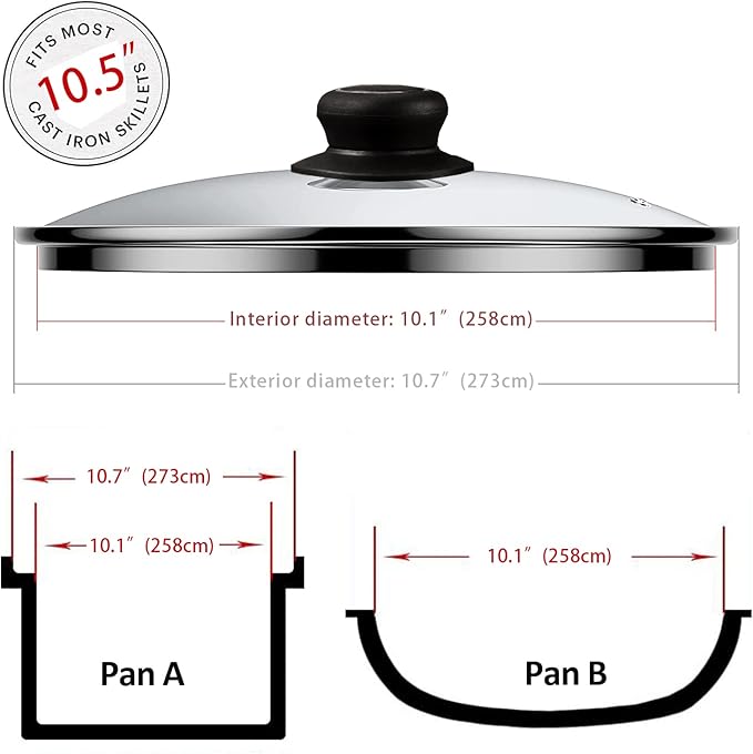 10.5 Inch Glass Lid for Frying Pan, Fry Pan, Skillet, Pan Lid, Fits Pot, Cast Iron Skillets 10.5", Clear