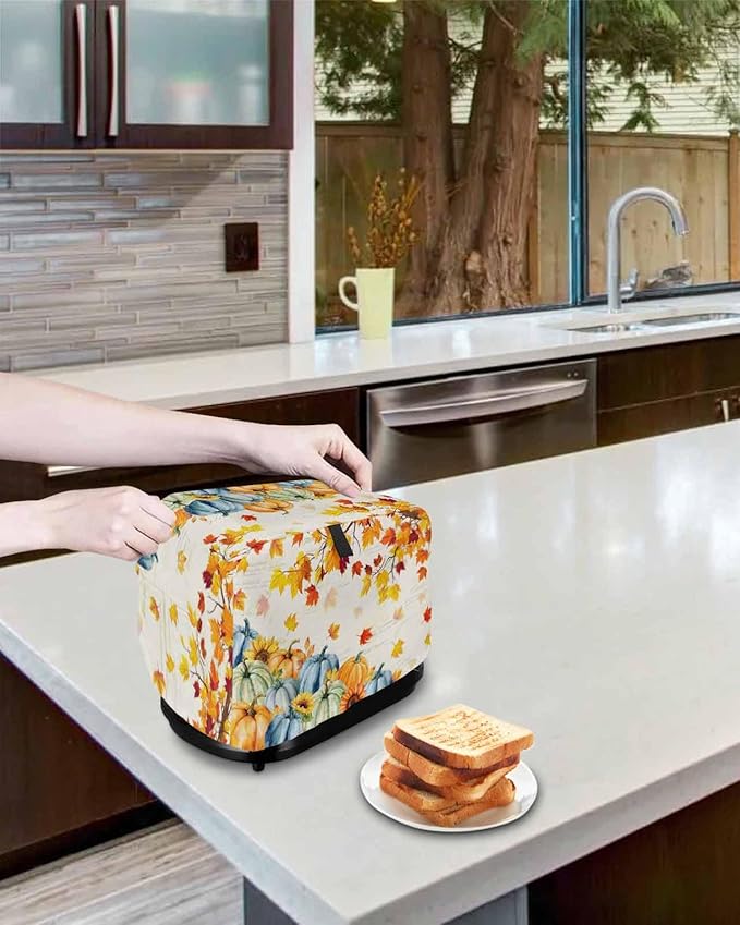 Thanksgiving Fall Toaster Cover 2 Slice, Blue Green Orange Pumpkins Dustproof Bakeware Oven Protector with Top Hook, Maple Leaf Waterproof Small Kitchen Appliance Toasters Dust Cover, 12"x7.5"x8"