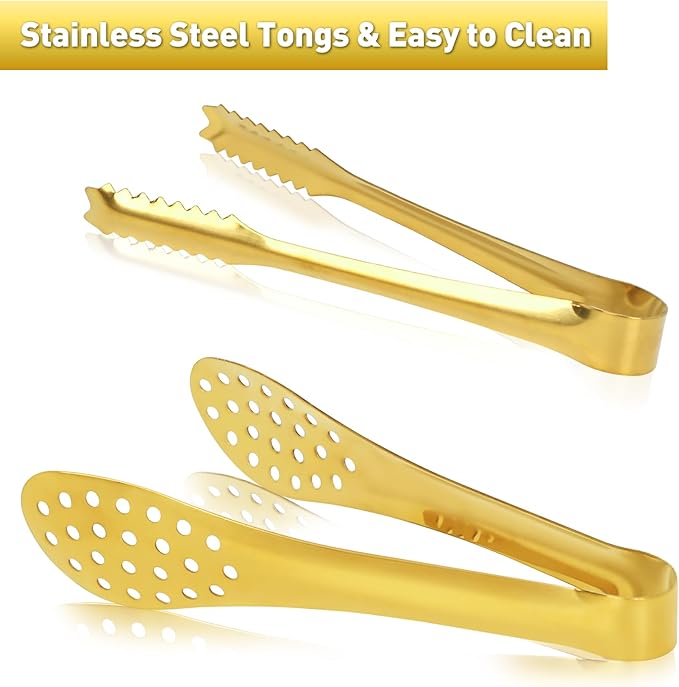 JCREN 12 Pack Mini Tongs - Small Stainless Steel Food Tongs for Serving Appetizers, Tea Party, Coffee, Desserts - 5 inch - Gold