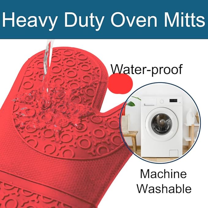 Extra Long High Temp Oven Mitts - 2pcs Commercial, Heavy Duty Non-Slip Grip Mitts - Silicone Heat Resistant Up to 500 Degrees, Ideal for Cooking, Baking & Frying, Red