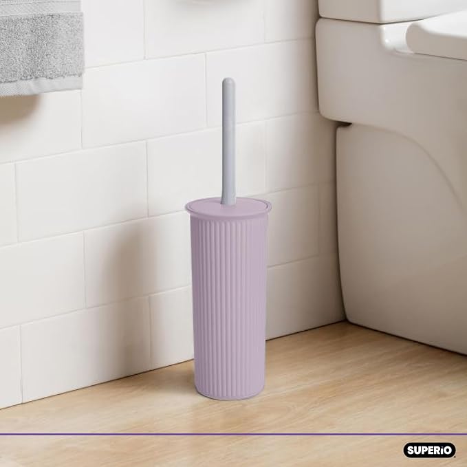 Decorative Plastic Toilet Bowl Brush and Holder Set, Lilac Purple (2 Pack) Cleaner Scrubber for Bathroom - Ribbed Design