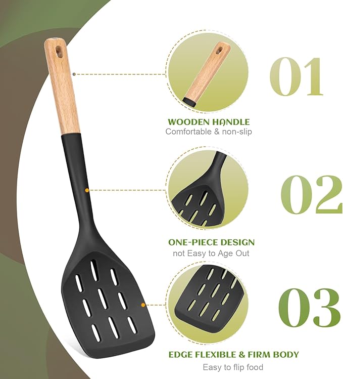 Pack of 2 Silicone Spatula, Non Stick Cooking Utensil Set Wooden Handle Kitchen Turner for Baking Mixing Grilling Serving Food Heat Resistant Non Scratch (Dark gray)