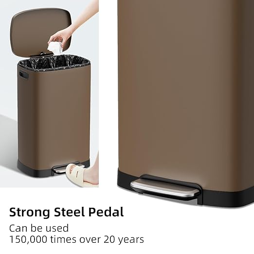 KdbK 13 Gallon Trash Can with Lid, 50L Fingerprint Proof Stainless Steel Kitchen Trash Can with Removable Inner Bucket and Lid Soft Close, Pedal Rubbish Bin for Home Office, Brown