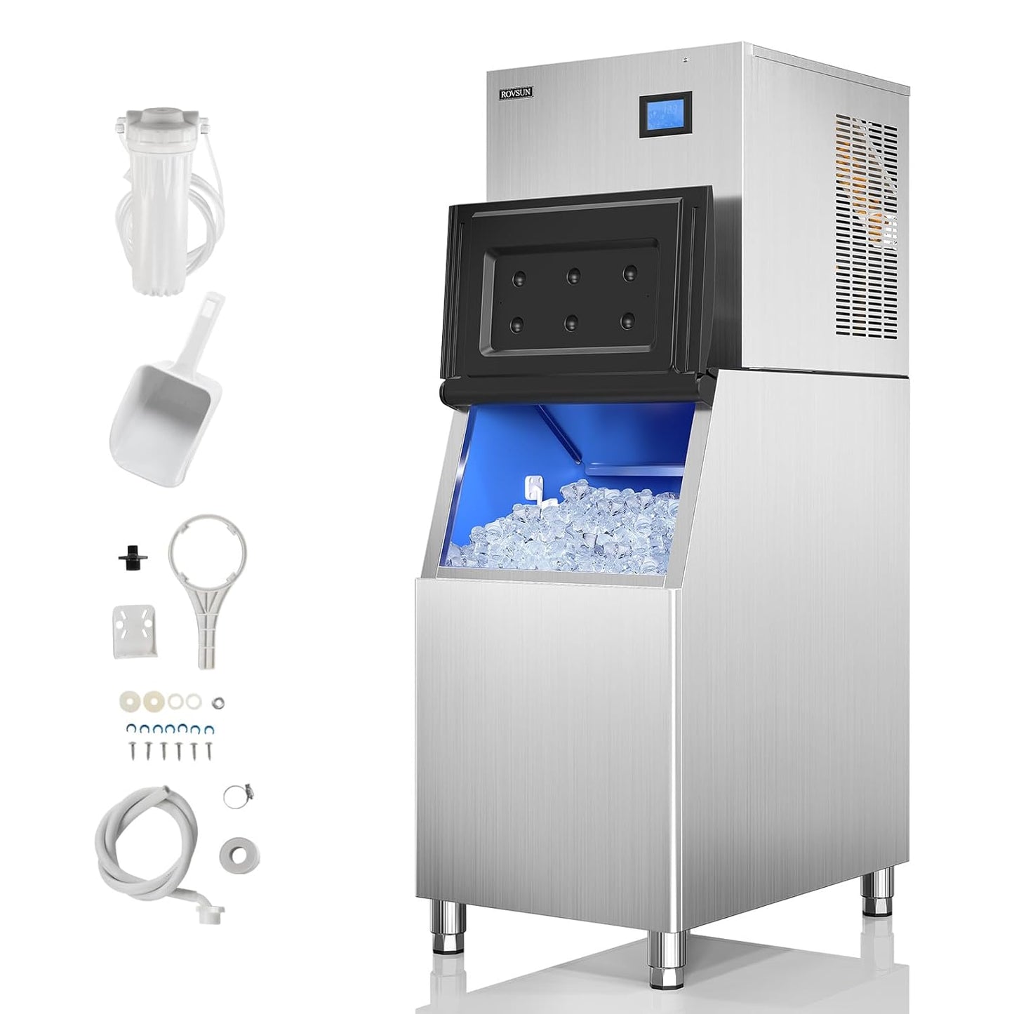 ROVSUN 550LBS/24H Commercial Ice Maker Machine with 300LBS Storage Bin, Industrial Ice Machine with LCD Touch Control Panel & Automatic Cleaning for Bar Coffee Shop Restaurant Supermarket Home