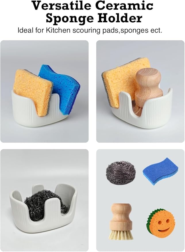 Ceramic Sponge Holder, 2-Slot Dish Sponge Holder for Kitchen Sink, Keeps Sponges Dry & Countertop Clean, Rust-Free & Dishwasher Safe, Stylis Design, Modern White