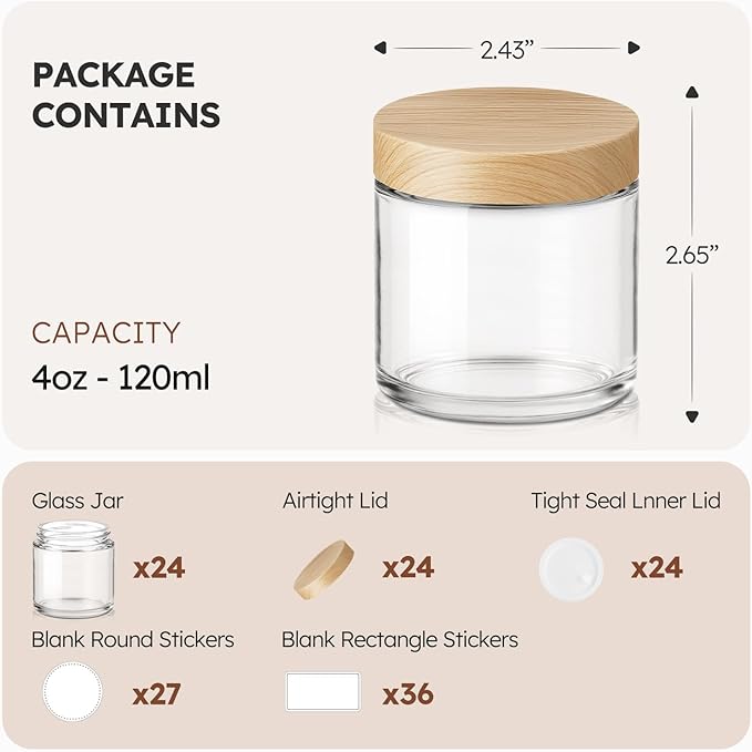 4 oz Glass Jars with Lids, 24 Pack Clear Small Glass Jars with Woodgrain Lids Leakproof Round Airtight Empty Cosmetic Travel Containers with Inner Liners For Lotions Powders and Candle Making