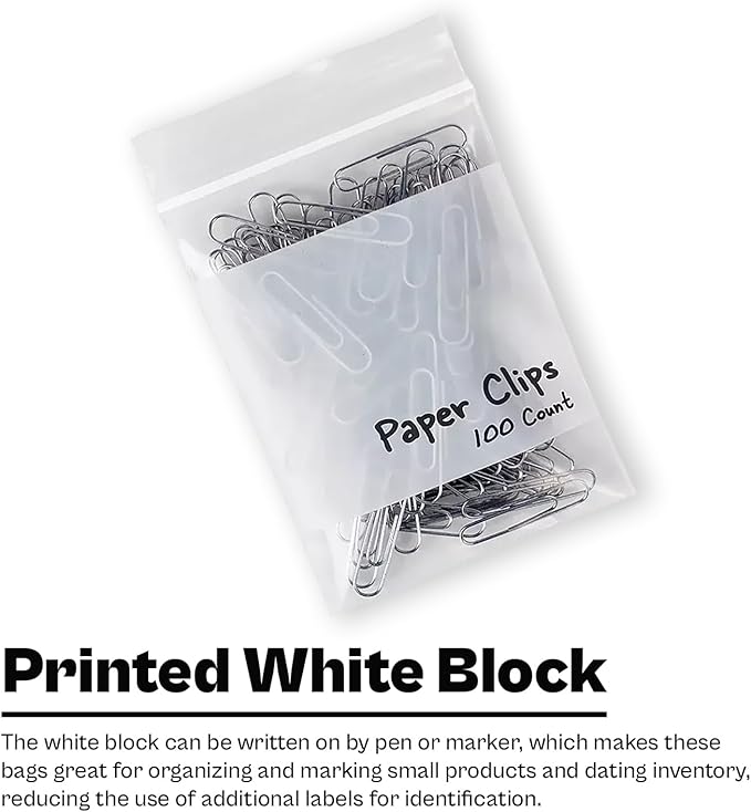PSBM 1000 Count 4 Mil 8 Inch x 10 Inch, White Block Reclosable Poly Bags, With Write-On Block, Clear Zip Plastic Bag, Lock Seal Zipper For Packing, Storing, Organizing & Shipping Products