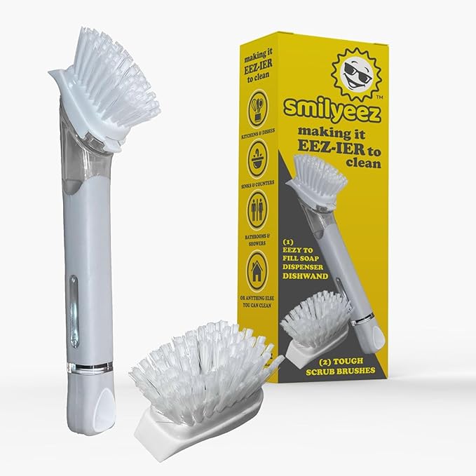 The Original Smiling Handle with Soap Dispensing for Scrub Daddy (Reg. TM) Sponge and Scrub Moji Sponge, Smile Caddy, and 2 Scrub Mojis (White/Grey Wands)