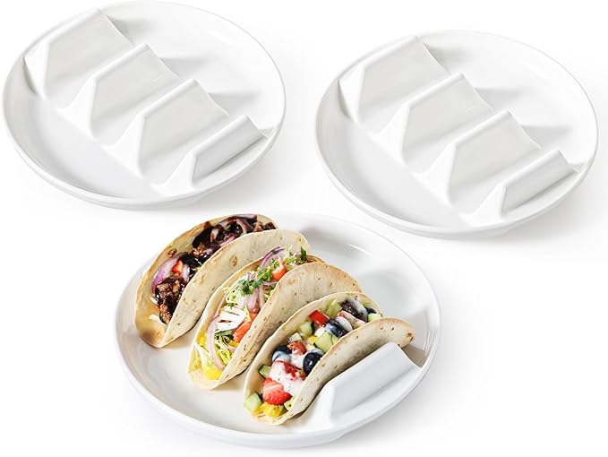 Dizada Taco Holders Set of 3-9" Porcelain Taco Plates with Dividers, Ceramic Taco Stand for Hard Soft Shells, Reusable Taco Serving Tray, Dishwasher Microwave Safe