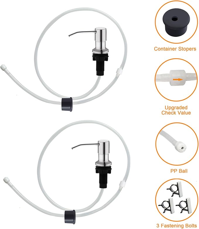Sink Soap Dispenser, Kichen Sink Soap Dispenser, 47" Extension Tube kit, Under Sink Soap Dispenser Pump, No Need More Refills （Brushed Nickel, 2 Pack）