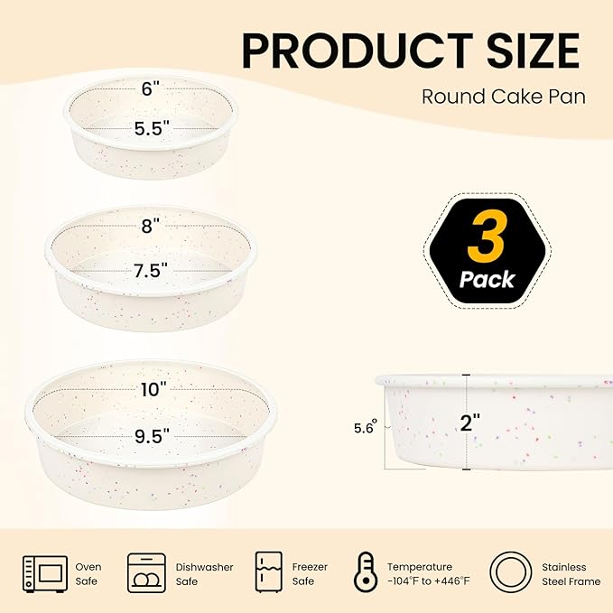 Vinino 3 Pack Round Cake Pan Set (6''/8''/10'') with Metal Reinforced Frame, Circle Cake Pan for Baking Nonstick Silicone Springform Pan for Baking Suitable for Making Layers, Cheese & Chocolate Cakes