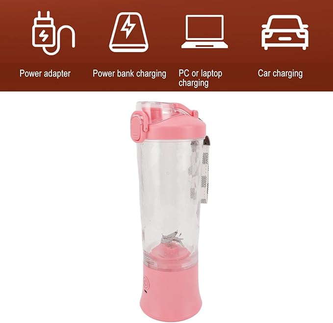600ml Portable Blender 150W 18000RPM USB Rechargeable 4000mAh 2 Modes Mix & Pulse Mini Juicer Cup with Leak Proof Lid White Pink (Pink)