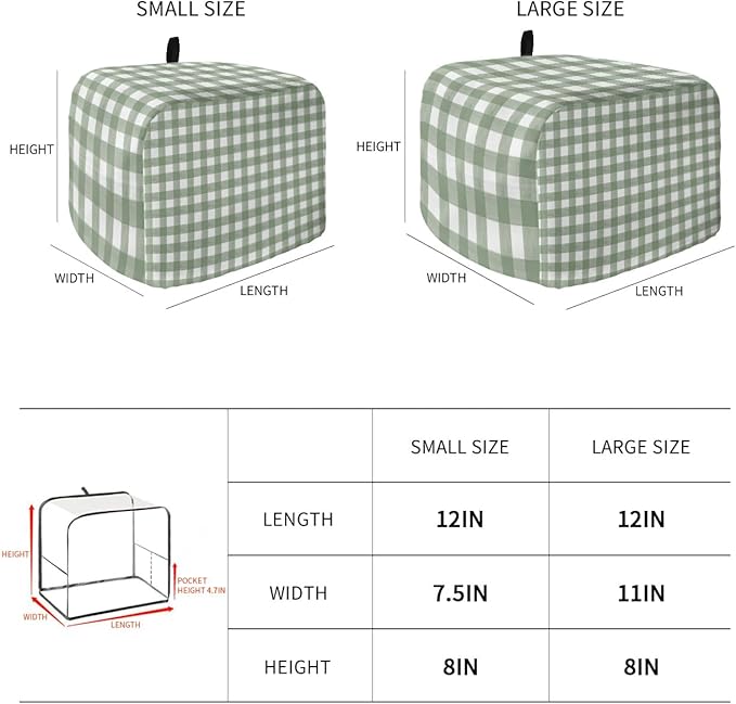 Sage Green Buffalo Plaid Toaster Cover 2 Slice, Small Kitchen Appliance Cover, Farmhouse White Checkered With Loop, Bread Machine Polyester Dust Protection