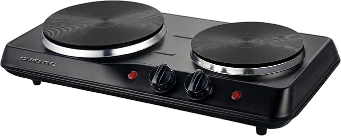 OVENTE Electric Countertop Double Burner, 1700W Cooktop with 7.25" and 6.10" Cast Iron Hot Plates, Temperature Control, Portable Cooking Stove and Easy to Clean Stainless Steel Base, Black BGS102B