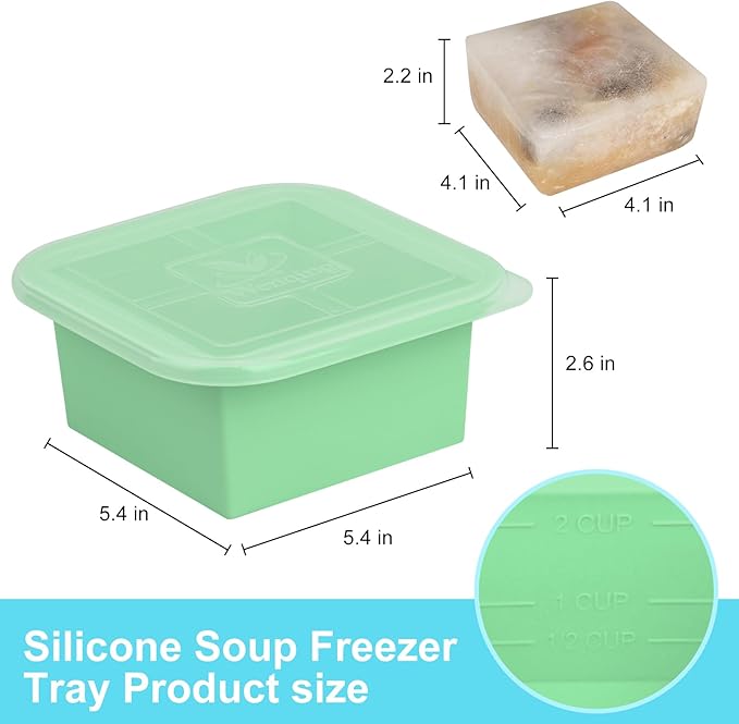 Silicone Freezer Tray with Lid 4 Pack Silicone Freezer Molds Ice Cube Tray Makes 4 Perfect 2 Cup Portions Soup Cubes Meal Prep Containers- Oven & Dishwasher Safe