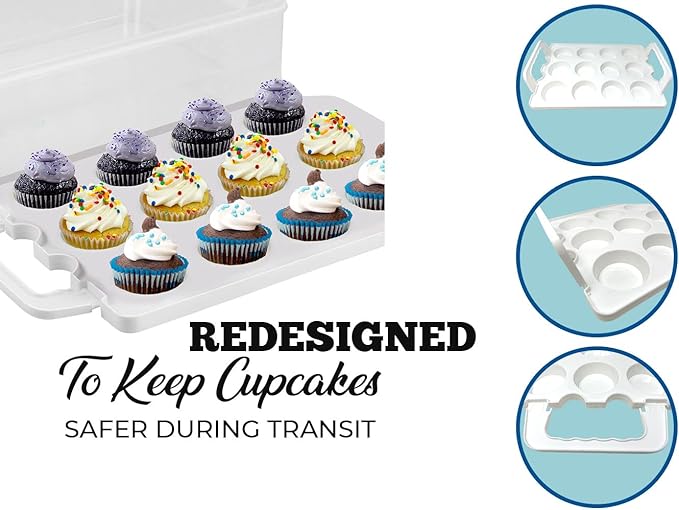 Cupcake Carrier, Cupcake Holder | Premium Upgraded Model Holds Cupcakes Steadier | Store up to 36 Cupcakes or Muffins | Stacking Cupcake Storage Container | Use 1,2, or 3 Tiers (White)