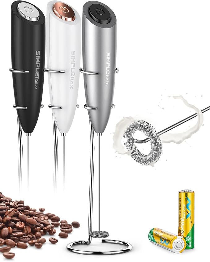 SIMPLETASTE Milk Frother Handheld Electric Foam Maker, Drink Mixer with Stainless Steel Whisk for Cappuccino, Bulletproof Coffee, Latte, Gray, with Stand, Battery Operated