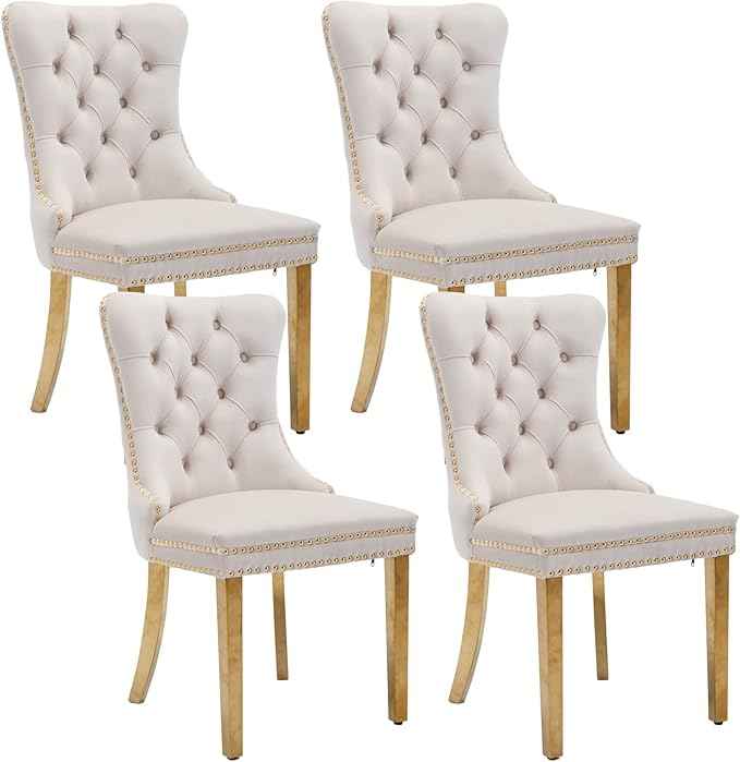 Beige Velvet Dining Chairs Set of 4, Upholstered Dining Room Chairs with Back Ring Pull Trim and Golden Stainless Steel Legs,Modern Kitchen Chairs for Dining Room,Living Room,Kitchen(Beige)