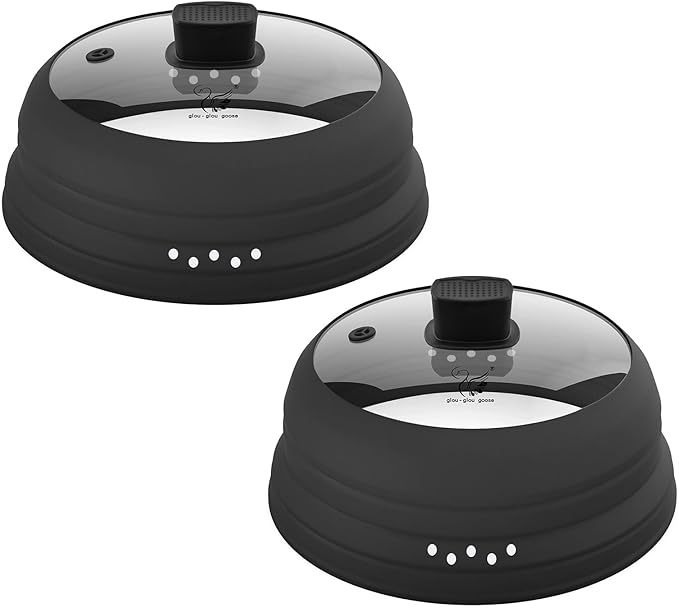 2 Pack Microwave Splatter Cover Glass Guard Lid with Collapsible Silicone for Food Pot Plate 8.5 inch and 9.8 inch Black, Tall Lid and Standard Size Lid