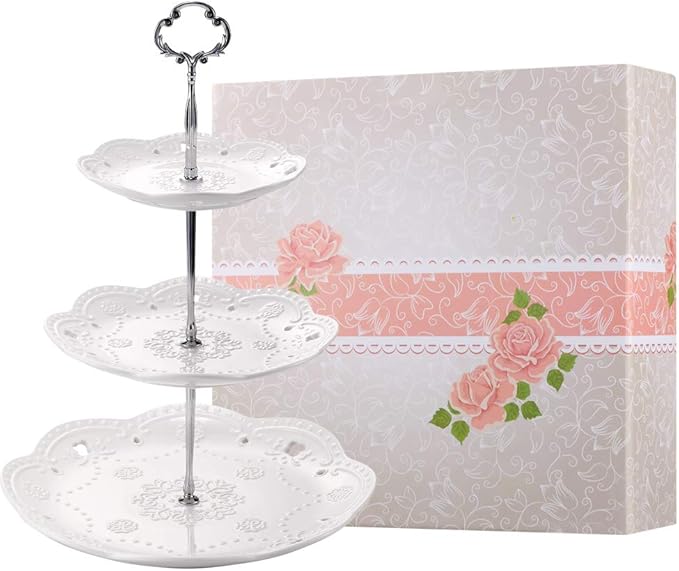 BonNoces 3-Tier Porcelain Cupcake Stand Serving Tray - White Embossed Elegant Dessert Cake Stand - Pastry Serving Stand for Tea Party, Wedding and Birthday