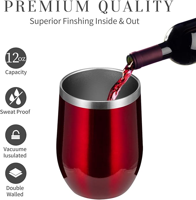 MEWAY 12oz/4 Pack Wine Tumbler Glasses with Lid - Stemless Double Wall Vacuum Stainless Steel Travel Tumbler - Keeping Cold & Hot for Wine,Coffee,Cocktails,Gifts (Burgundy,Set of 4)