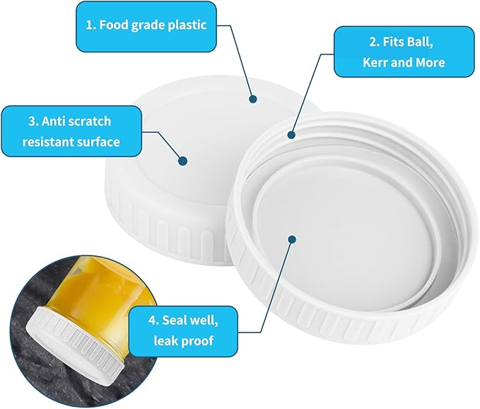 Vaincre White Mason Jar Lids - 8PCS Plastic Mason Lids Regular Mouth, Leak Proof Canning Covers with Silicone Rings for Ball, Kerr and More, Reusable Can Tops Caps Covers for Jars Accessories