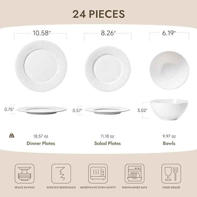 KINGSTONE 24-Piece Bone China Dinnerware Set with 40-Piece flatware, White Lightweight Porcelain Service for 8, for Family Dining, Restaurants, Gifting，Microwave and Dishwasher Safe