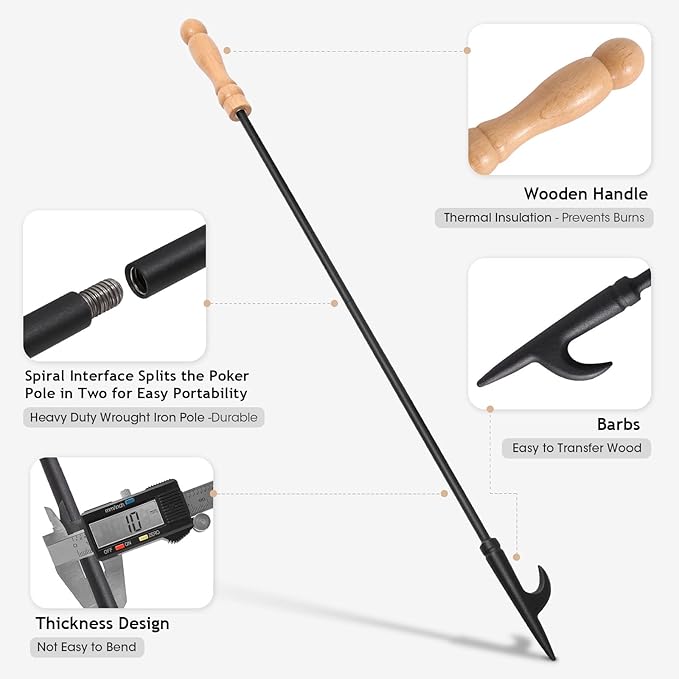 Fire Poker for Fire Pit, 32 inch Fireplace Poker Premium Solid Steel Fire Pit Poker Campfire Poker for Fireplace Camping Wood Stove Indoor and Outdoor - Rust Resistant Black Finish