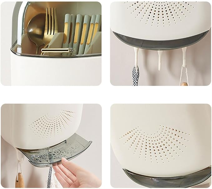 Wall Mounted Cutlery Holder - Kitchen Utensil Storage Box with Lid - Chopstick Container - Dustproof Spoon and Chopstick Organizer - Drain Racks