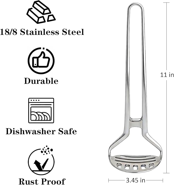 Heavy Duty One-Piece Potato Masher - Solid Stainless Steel, No Seams Never Breaks - Effortless Mashing for Potatoes, Beans, Avocados - Dishwasher Safe & Rustproof, 11-Inch Kitchen Heirloom