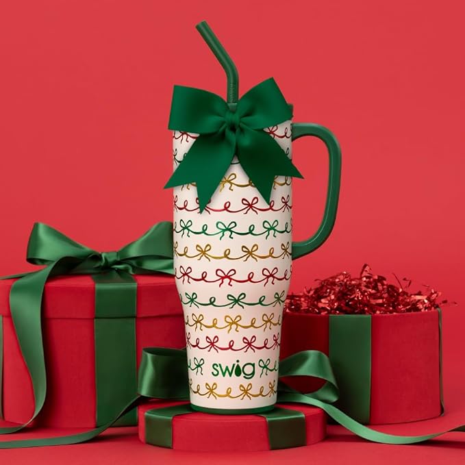 Swig Life 40oz Mega Mug, 40oz Tumbler with Handle and Straw, Extra Large Insulated Tumblers, Cup Holder Friendly Travel Mug (Christmas Bows)