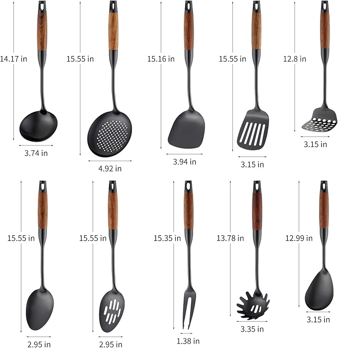 Stainless Steel Kitchen Utensils Set with Wood Handle, 18/10 Metal Cooking Utensils Set, 10-Piece - Spatula, Spoon, Ladle, Skimmer, Slotted Turners, Pasta Server, Fork, Masher(Dishwasher Safe)