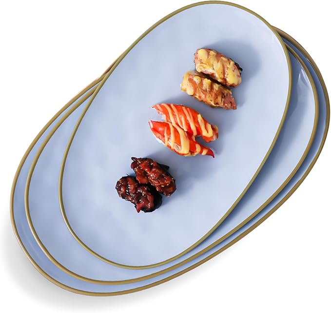 Ceramic Oval Serving Platter: 15.6/14.3/12.9 Inch Large Serving Dishes for Entertaining Party, Turkey, Steak, Ham, Microwave Dishwasher Safe, Blue
