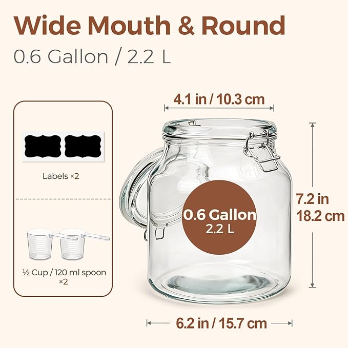ComSaf 2-Pack 74oz (0.6 Gal) Wide-Mouth Glass Jars with Airtight Clamp Lids, Large Food Storage Containers for Flour, Sugar, Coffee & Pantry Organization, Includes Measuring Cup & Reusable Labels
