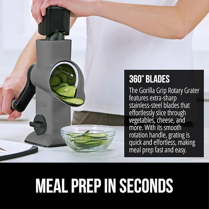 GORILLA GRIP BPA-Free Rotary Cheese Grater Hand Crank, Easy to Set Up, Strong Suction Base for Kitchen Countertop, Shred Potato, Vegetable, Nuts in Seconds, Round Mandoline Slicer, 3 Blades, Gray