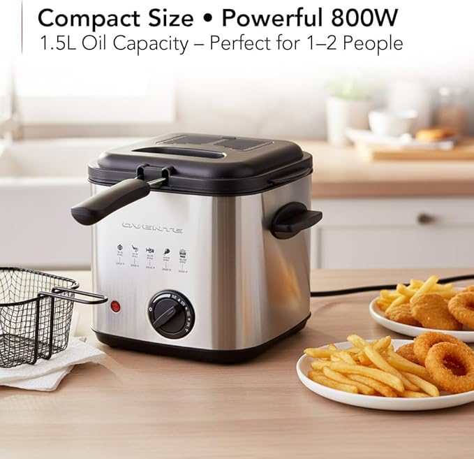 OVENTE Electric Deep Fryer, 1.5L Capacity, 800W with Adjustable Temperature, Viewing Window Lid, Removable Frying Basket & Cool-Touch Handles, Stainless Steel Countertop Fryer, Silver FDM1501BR