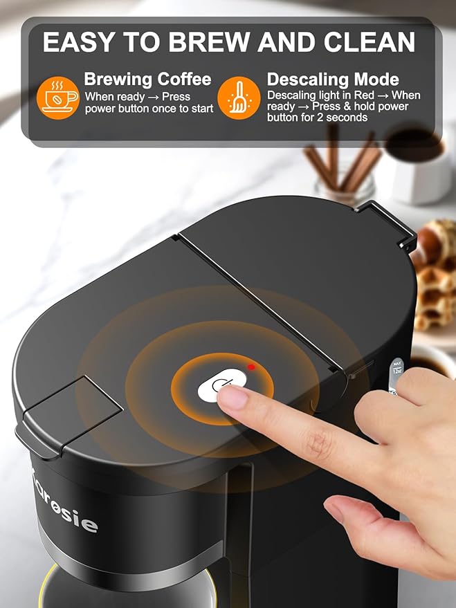 Small Single Serve Coffee Maker, Fast Brew for K-Cup & Ground Coffee, 6-12 Oz Brew Sizes, One-Button Single Cup Coffee Maker, Coffee Machine with Descaling Reminder
