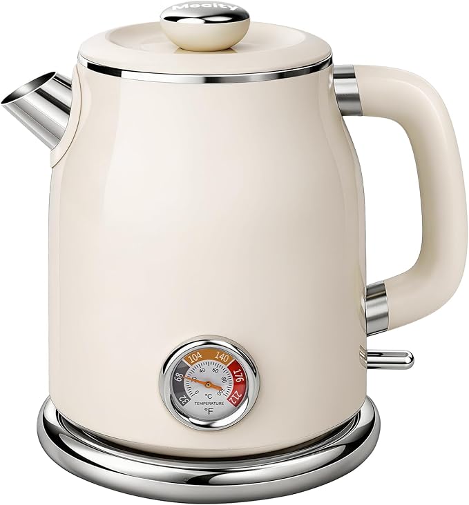 Mecity Retro Electric Kettle 1.7L, Stainless Steel Interior (No Plastic Contact), Double Wall Cool Touch, Fast Boil 1500W, Thermometer (°F/°C), Removable Lid, Wide Opening Easy Cleaning, 120V, Cream