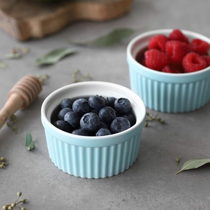 DOWAN 4 oz Ramekins - Ramekins for Creme Brulee Porcelain Ramekins Oven Safe, Classic Style Ramekins for Baking Souffle Ramekins Ramekins Bowls, Set of 6, Blue