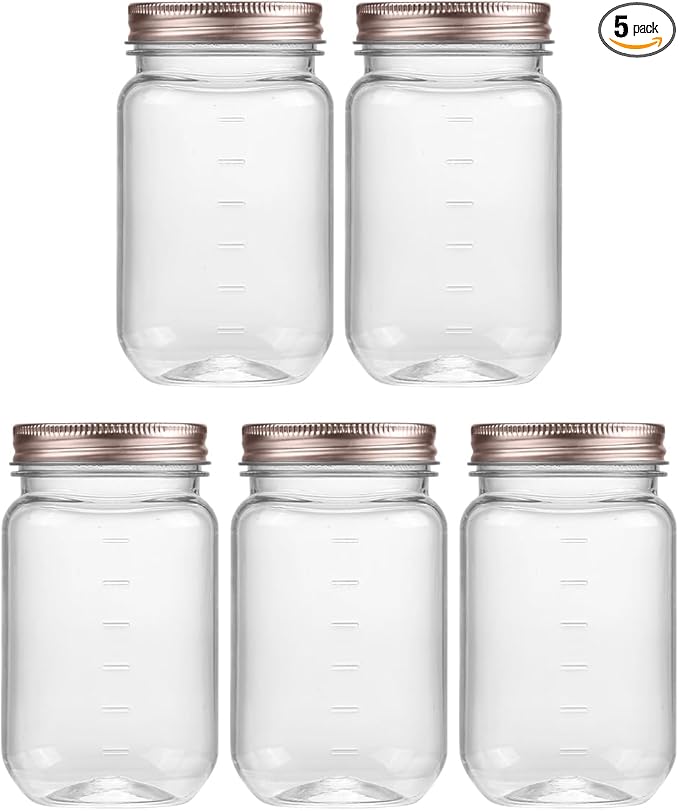 novelinks 16 oz Clear Plastic Jars with Lids, Refillable 16oz Mason Jars with Lids & Storage Containers for Kitchen & Household Use (5 Pack,Rose Gold)