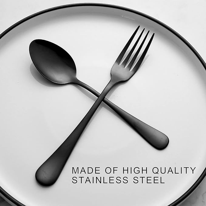 Set of 12, Stainless Steel Dinner Forks and Spoons Silverware Set, Heavy-Duty Forks (8 Inch) and Spoons (6.7 Inch) Cutlery Set, Dishwasher Safe (Black)