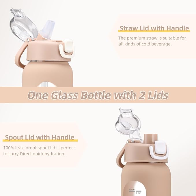 chunmo 24 oz Glass Water Bottles with 2 Lids-Handle Spout Lid & Straw Lid, Motivational Water Bottle with Time Marker and Silicone Sleeve,Leakproof-Amber-1 Pack
