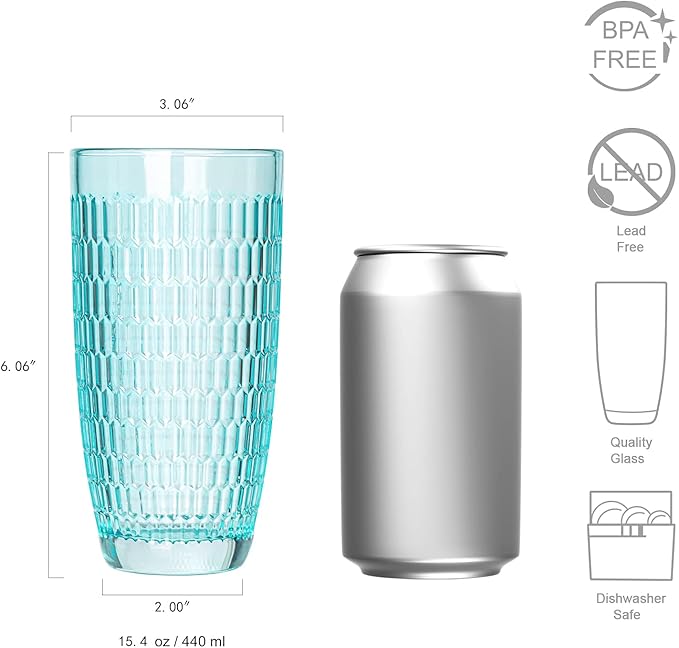 CREATIVELAND Highball Beverage Glasses Set of 6 TURQUOISE Colored Thick & Heavy Base Big Capacity 14.87oz|440ml, Drinking Glass Tumbler for Iced Tea, Water, Soda & Juice and Cocktails etc