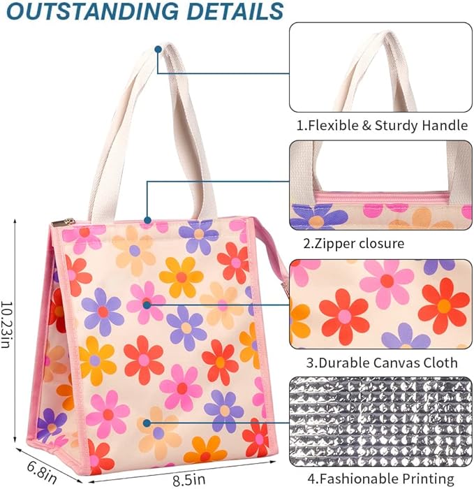 iknoe Insulated Lunch Bag for Women & Adults, 9L Foldable Wide-Open Cooler Bag with Pockets, Leakproof & Portable, for Picnic, Office, Beach(Pink flower)