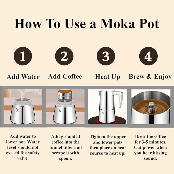 Stainless Steel Stovetop Espresso Maker – Italian Moka Pot, Induction Compatible Espresso Coffee Maker with Safety Valve (6 Cups)