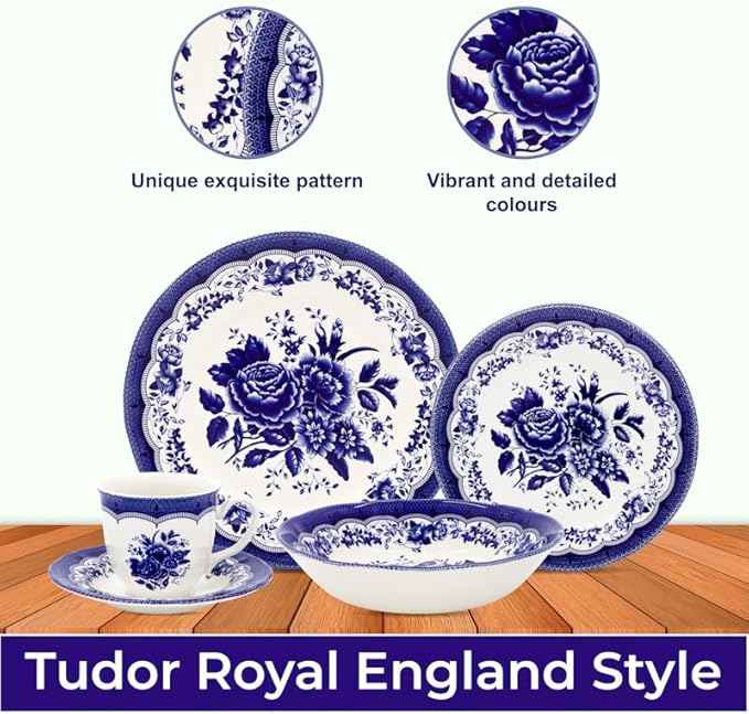 Tudor Royal 30-Piece Porcelain Round Dinnerware Set, Service for 6, Victoria Blue Design, Blue Floral, Plates Bowls Mugs Dishes Saucers, Glossy, Premium Quality Tableware, Unique Pattern