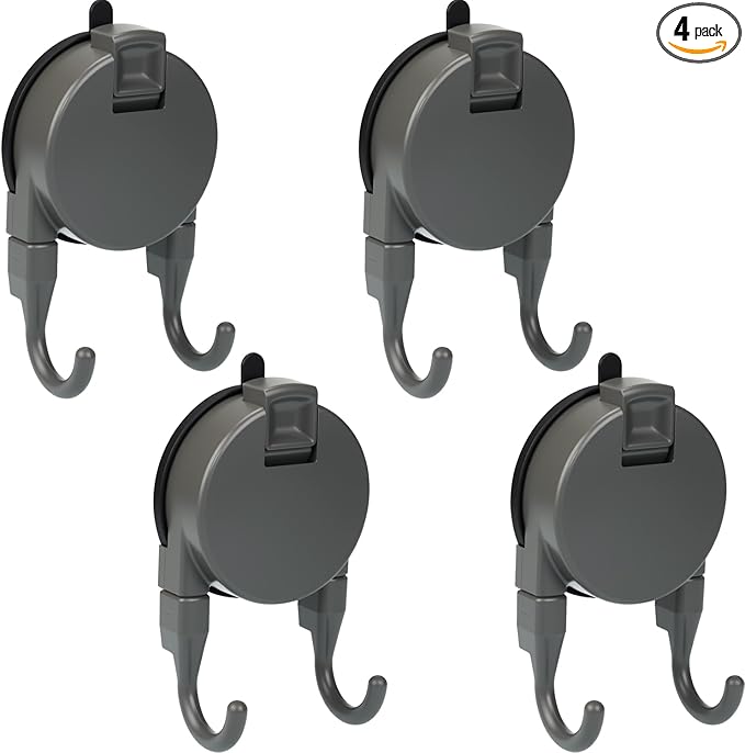 Heavy Duty Double Hook Suction Cup Hangers for Bathroom & Kitchen, 4 Pack Vacuum Wall Hooks, Strong Removable No Drill Suction Hangers for Glass, Tile, Shower, RV (Gray - 4 Pack)