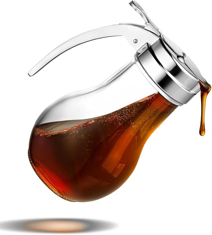 Glass Syrup Dispenser - 14 Oz Syrup & Honey Dispensers - Maple Syrup Dispenser for Honey - Large Syrups Dispenser Durable Clear Glass - Easy Pour Spout, Leak-Proof Lid