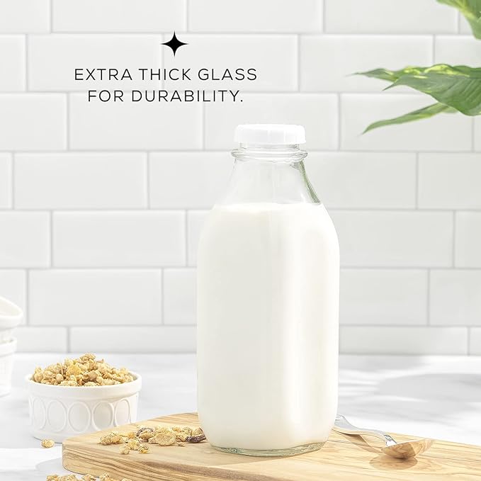 JoyJolt Glass Milk Bottles with Lids and Pourer – 32 Oz, 3 Pack Airtight Heavy Duty Reusable Glass Bottles, Leakproof, BPA-Free, Food Grade, Dishwasher Safe Jug, Pitcher for Milk, Juice, and Water