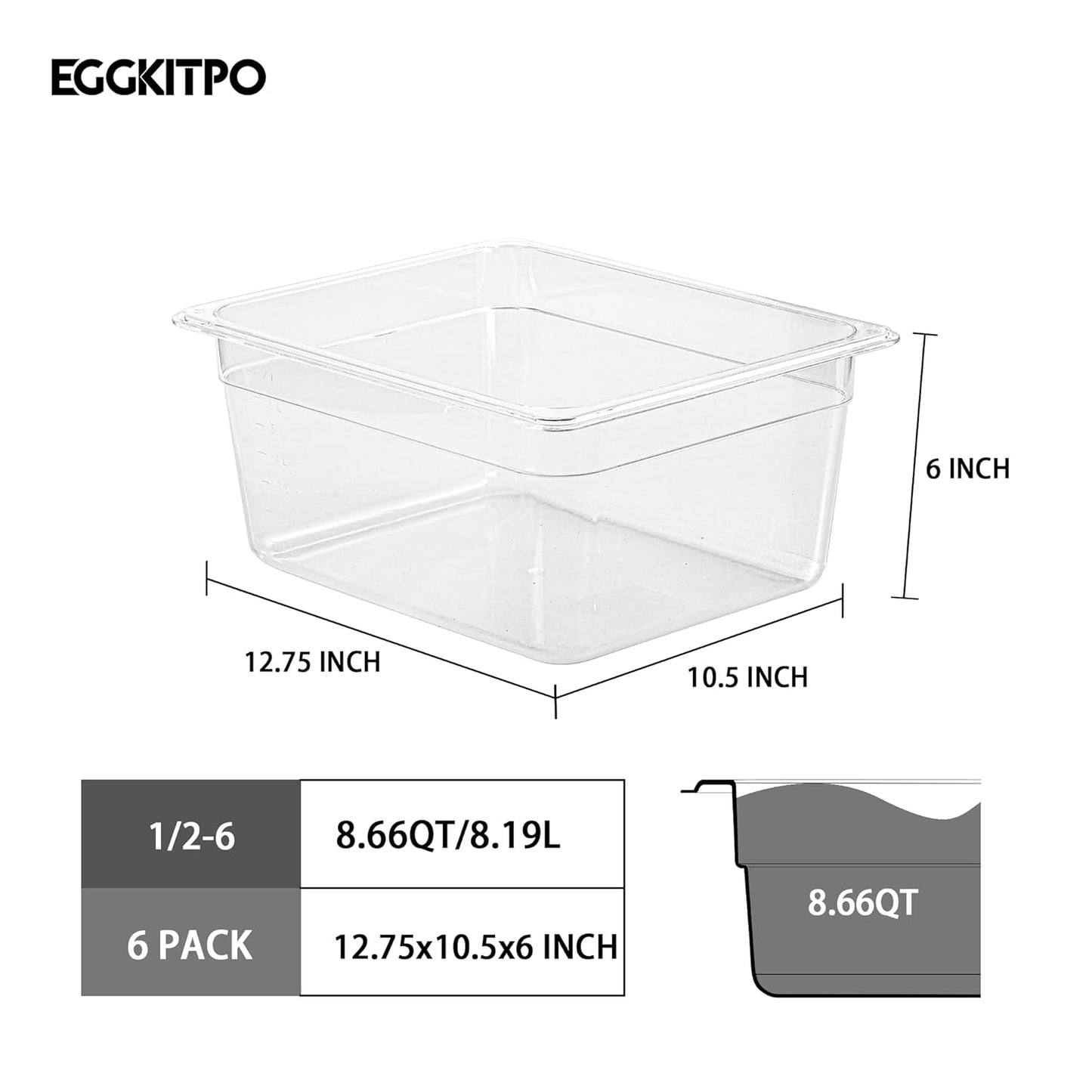 Half Size Food Containers 6 Pack 6 Inch Deep Hotel Pan Clear BPA free Polycarbonate Stackable Food Storage Container for Kitchen Business and Food Serving